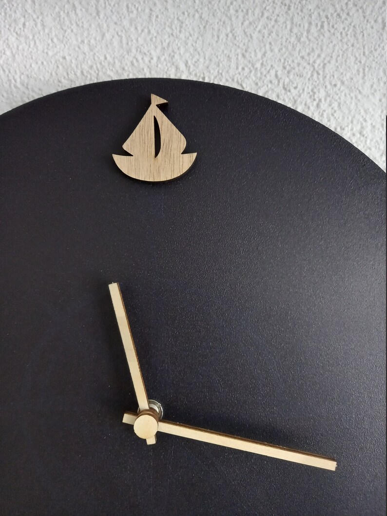 Wall clock dark blue beige with sailboat and fish made of wood in maritime style image 8