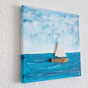 le voilier - tableaux acryliques - collage avec céramique, bois flotté & peinture acrylique, vue mer avec voilier