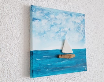 the sailing ship - acrylic pictures - collage with ceramics, driftwood & acrylic paint, sea view with sailing boat