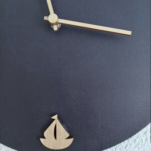Wall clock dark blue beige with sailboat and fish made of wood in maritime style image 7