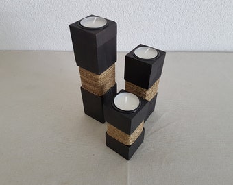 Wood with string - tealight holder set of 3