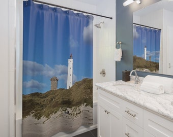 Shower curtain, lighthouse, North Sea, bathroom decoration, bathtub curtain, beach, Blåvandshuk Fyr, home decoration