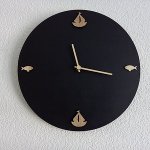 Wall clock dark blue beige with sailboat and fish made of wood in maritime style image 1