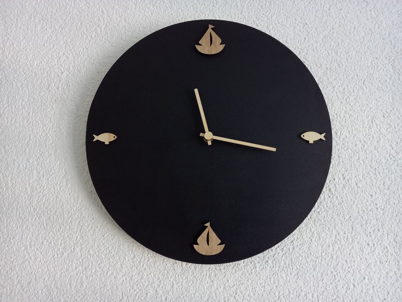 Wall clock dark blue beige with sailboat and fish made of wood in maritime style image 1