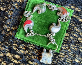 Victorian Scottish Agate Silver Bracelet | Antique Sterling Silver Jewelry Paisley Semiprecious Stones