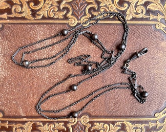 Antique Gunmetal Long Guard Chain w/ Metal Spheres | Victorian Edwardian 1890s 1900s Jewelry Necklace