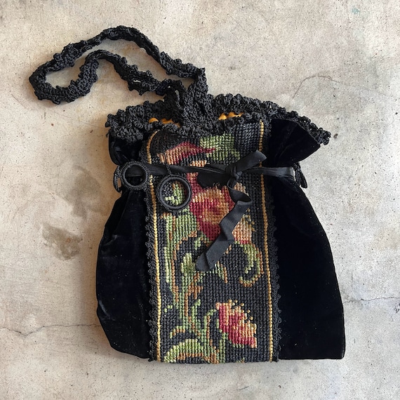 c. 1920s Needlepoint Velvet + Silk Purse w/ Orange Silk Lining | Antique Vintage Accessories | Historical Fashion