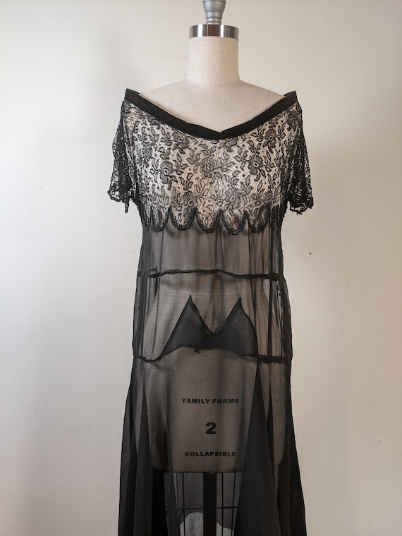 1920s Black Silk Chiffon + Lace Dress | Antique Vintage 1920s Black Silk Chiffon + Lace Dress | Antique Vintage