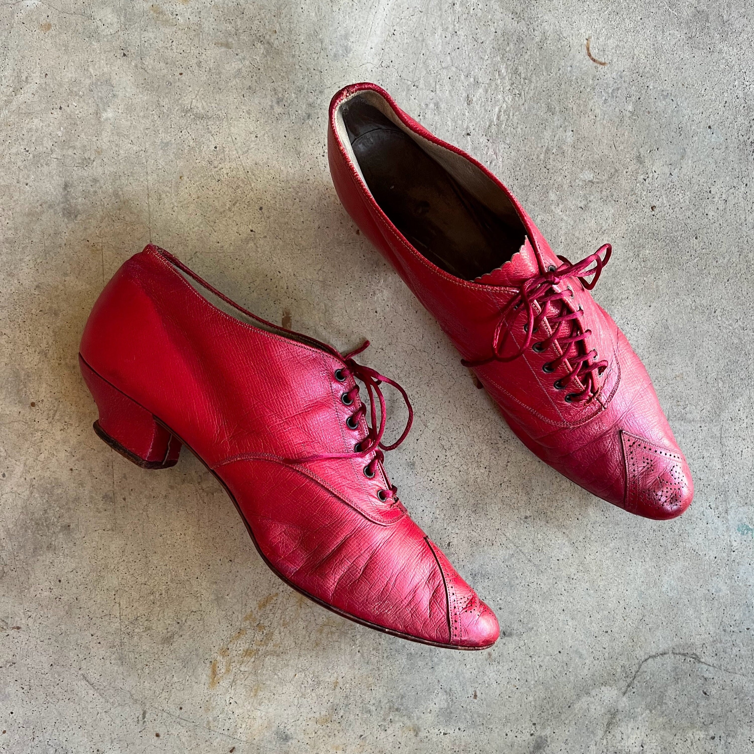 c. 1890s Red Leather Oxfords | Antique Shoes Victorian Clothing | Historical Fashion
