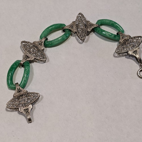 Art Deco Green Glass shops Rhodium Plated Bracelet | 1920s-1930s Antique Vintage Jewelry