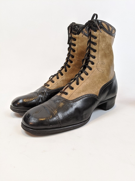Vintage 1930s Lace Up Brown and Black Boots Approx