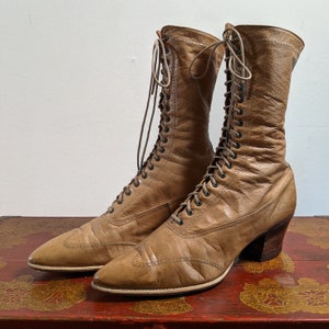 c. 1910s Light Brown Boots | Approx Size 5 | Antique Edwardian Shoes | Historical Fashion
