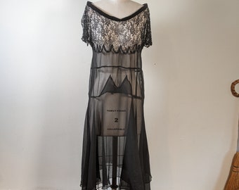 1920s Black Silk Chiffon + Lace Dress | Antique Vintage Sheer Witchy Dress