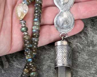 Wisdom Seeker Large Natural Citrine and Labradorite Hand Forged Sterling Silver Talisman Cobra Solar Plexus Chakra Necklace