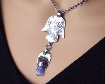 Sterling Silver and Blue Tanzanite Crystal Protection Amulet / Talisman Necklace