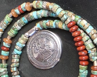Sterling Silver & Turquiose Etched Ixtchel Mayan Moon Goddess Talisman/ Amulet Necklace