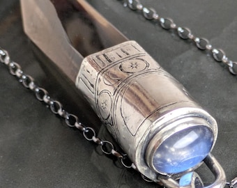 Celestial Talisman Huge Smokey Lemurian Seed Quartz with Grade AAA Blue Moonstone Cabochon Pendant Necklace