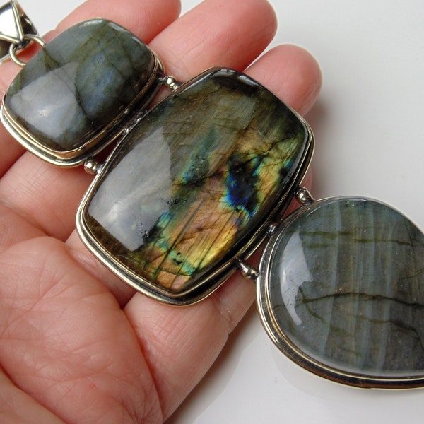 Large 3 Stone Labradorite Pendant  - Crown Chakra Healing Stone Ethnic Statement Boho Tribal