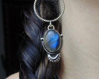 Crescent Labradorite Drop Earrings - Ethnic Silver Boho Statement Earrings Santa Fe Style