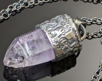 Hand Forged Sterling Silver Amethyst Crystal Tribal Kokapeli Talisman Necklace  - Ethnic Shamanic Necklace