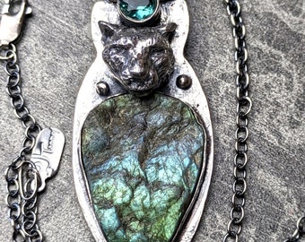 Protector of Feminine Spirit, Sand Cast Jaguar Totem Pendant with Labradorite & Topaz Sterling Silver Talisman Necklace Amulet Talisman
