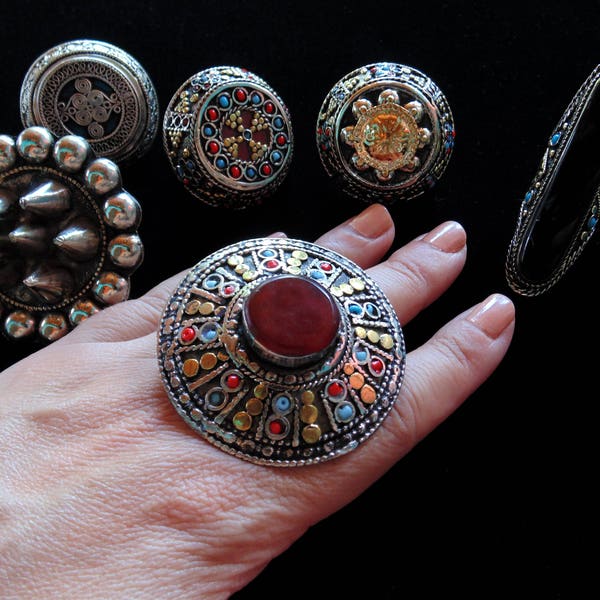 W5107 - Wholesale Lot of 6 Vintage Style Kuchi Rings - Ethnic Boho Statement Rings