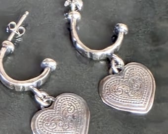 Antique Replica Hand Forged Sterling Silver Tribal Collectors Hoop Earrings - Heart Ethnic Boho Statement Earrings