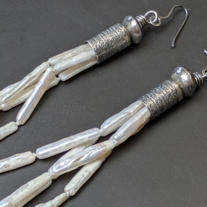 Sterlin Silver Tribal Long  Freshwater Pearl Earrings -  Ethnic Boho Statement Earrings