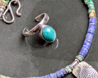 Ankle Bracelet & Toe Ring Set Sterling Silver Turquoise Lapis - Adjustable -  Ethnic Boho Statement Toe Ring