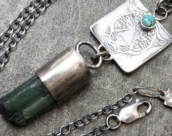 Natural Green Tourmaline & Turquoise Sterling Silver Jaguar Talisman Necklace  - Ethnic Statement Boho Tribal Necklace