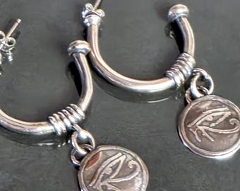 Antique Replica Hand Forged Sterling Silver Tribal Collectors Hoop Earrings - Egyptian Ethnic Boho Statement Earrings