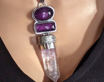 Huge Hand Forged Sterling Silver Amethyst Crystal Talisman Necklace  - Chakra Healing Tribal Necklace