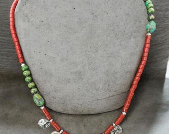 Antique Silver Rajasthani Amulets with Antique Tribal Glass and Natural Turquoise Necklace - Collectors  Statement Necklace