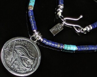 Turquoise & Lapis Lazuli Sterling Silver Etched Eye of Horus Protection Talisman/ Amulet Necklace