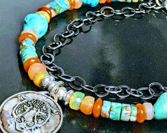Sterling Jaguar Stunning Opals & Turquoise Santa Fe Style Southwest Bracelet