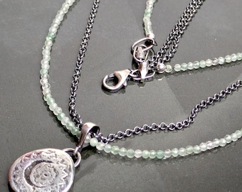 Green Fluorite and Sterling Silver Crescent Moon Flower Necklace