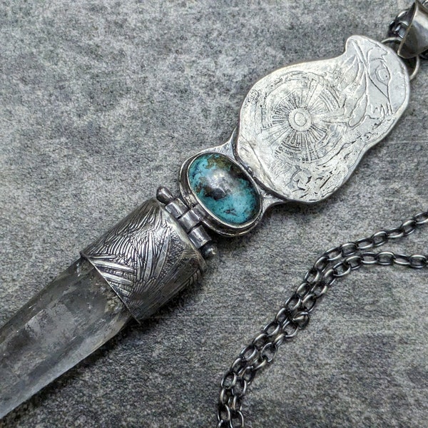 Large Lemurian Seed Quartz with Turquoise Hawk/ Eagle  Hand Forged & Etched Sterling Silver Talisman Totem Necklace