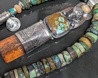 Sand Cast Hawk Totem Pendant with a Speciman Grade AAA Imperial Topaz Crystal Turquoise Opal and Sterling Talisman Necklace
