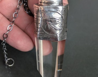 Schutz Talisman Geätztes Ägyptisches Auge mit Smokey Lemurian Quarz & Aquamarin Anhänger Halskette