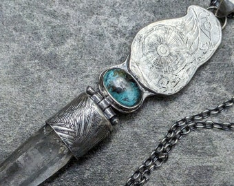 Large Lemurian Seed Quartz with Turquoise Hawk/ Eagle  Hand Forged & Etched Sterling Silver Talisman Totem Necklace