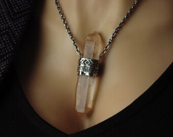 Large Hand Forged Sterling Silver Double Terminated Tangerine Lemurian Seed Quartz Talisman Necklace