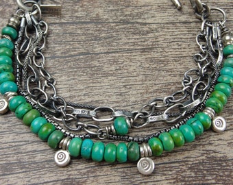 Sterling Silver Hand Forged Layered Chain with Turquoise Spiral Bracelet