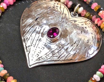 Ahava - Love Angel Wings Protection Hebrew Heart Pendant with Grade AA Tourmaline Beads and Pink Tourmaline Cabochon Talisman Necklace