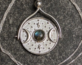 Sterling Silver Crescent Moon Labradorite Pendant Necklace - Ethnic Statement Boho Tribal Necklace