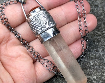 VERY RARE Pink Lemurian Seed Quartz Carnelian Fine Silver and Sterling Talisman Necklace