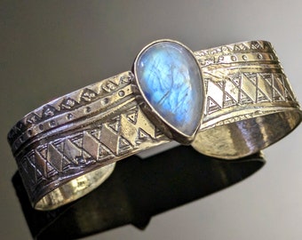 Sterling Silver Rainbow Moonstone Hand Forged Acid Etched Cuff Bracelet