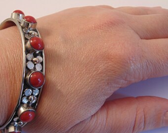 Boho Gypsy Ethnic Statement Bracelet Large Tibetan Silver Garnet Copal /& Coral Cuff Bracelet