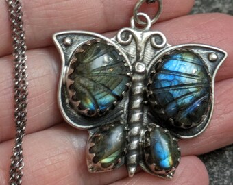 Sterling Silver Hand Carved Blue Butterfly Labradorite Pendant Necklace - Ethnic Statement Boho Tribal Necklace