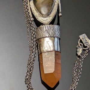 Large Rare Tangerine Lemurian Seed Quartz Hand Forged Sterling Silver Labradorite Talisman Necklace image 3