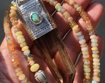Large Smokey Lemurian Crystal with Grade AA Opals Sterling Talisman Necklace